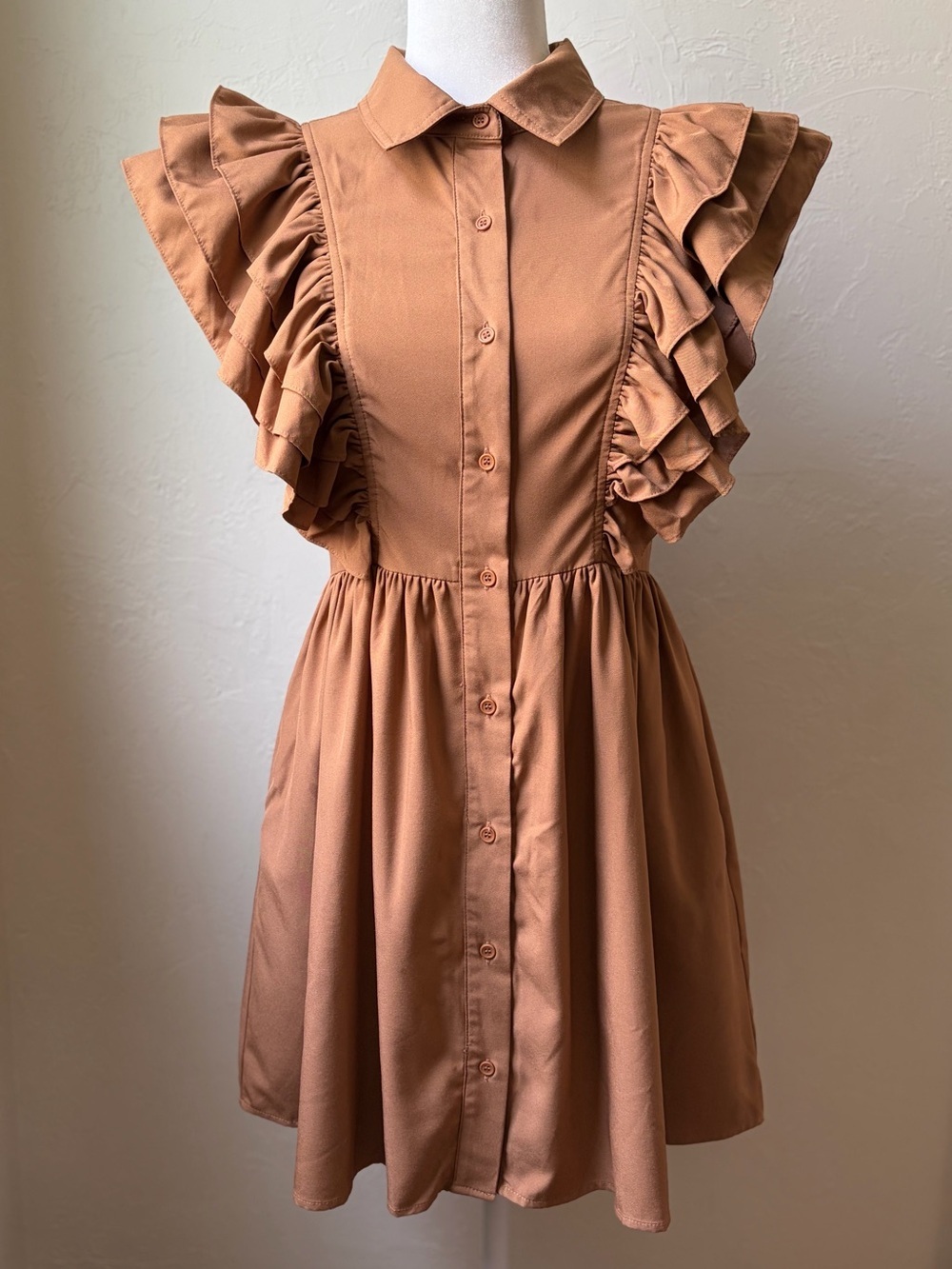 entro Rust Brown Ruffle Sleeve Mini Dress